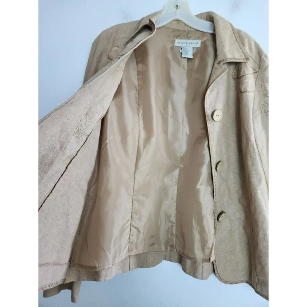 Requirements Women Tan Brown w/Floral Embroidery  Linen Jacket size Medium